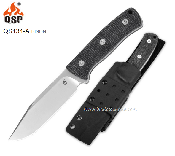 QSP Bison Fixed Blade Knife, D2 Steel, Micarta Black, Kydex Sheath, QS134-A